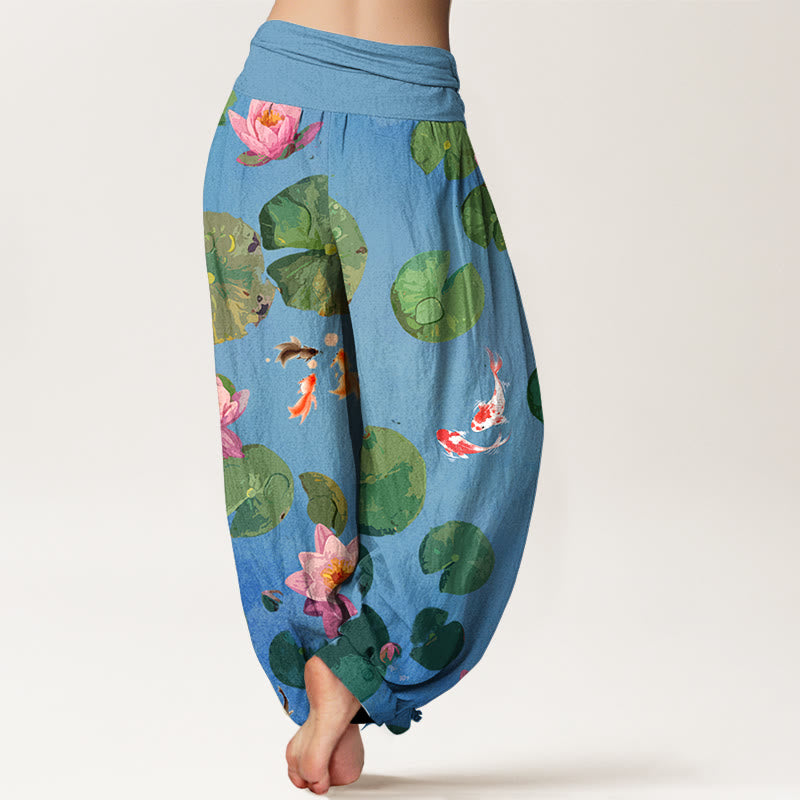 Buddha Stones Print Koi Fish Lotus Flowers Pattern Women's Elastic Waist Harem Pure Cotton Pants - image 2