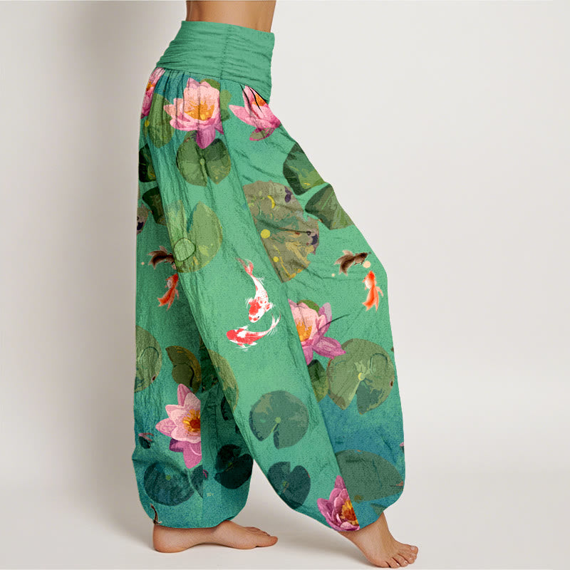 Buddha Stones Print Koi Fish Lotus Flowers Pattern Women's Elastic Waist Harem Pure Cotton Pants - image 6