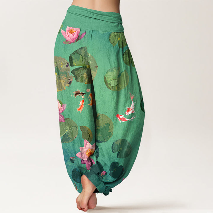 Buddha Stones Print Koi Fish Lotus Flowers Pattern Women's Elastic Waist Harem Pure Cotton Pants - image 7
