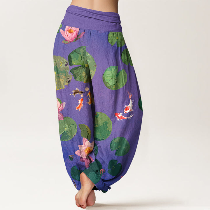 Buddha Stones Print Koi Fish Lotus Flowers Pattern Women's Elastic Waist Harem Pure Cotton Pants - image 10