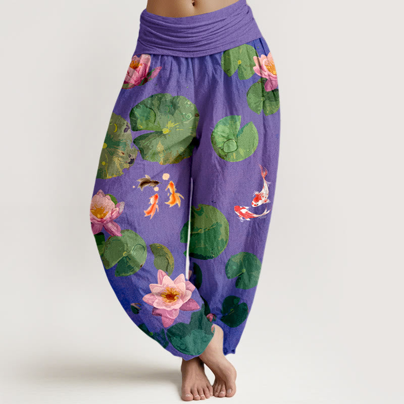 Buddha Stones Print Koi Fish Lotus Flowers Pattern Women's Elastic Waist Harem Pure Cotton Pants - DarkViolet - US16，UK/AU20，EU48 (3XL) - image 8