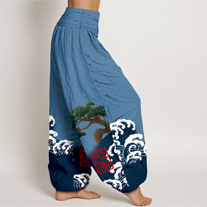 Buddha Stones Print Pure Cotton Pine Tree Rolling Waves Pattern Women's Elastic Waist Harem Pants - image 6