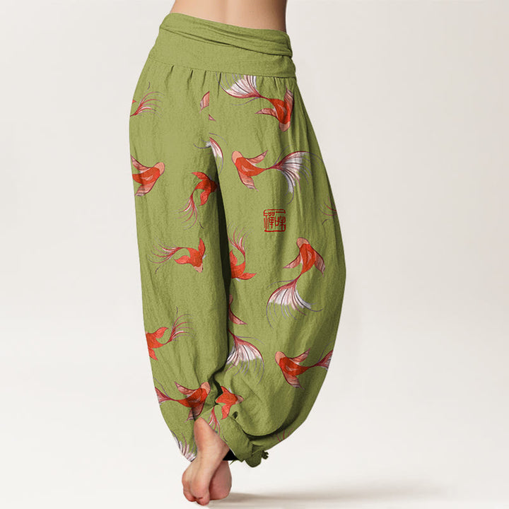 Buddha Stones Print Pure Cotton Koi Fish Pattern Women's Elastic Waist Harem Pants - image 7