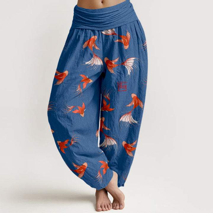 Buddha Stones Print Pure Cotton Koi Fish Pattern Women's Elastic Waist Harem Pants - DarkBlue - US16，UK/AU20，EU48 (3XL) - image 8