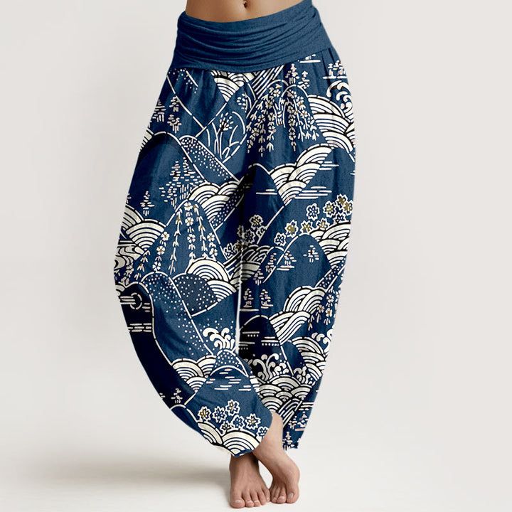 Buddha Stones Printed Mountains Waves Floral Pattern Women's Elastic Waist Harem Pure Cotton Pants - MidnightBlue - US16，UK/AU20，EU48 (3XL) - image 0