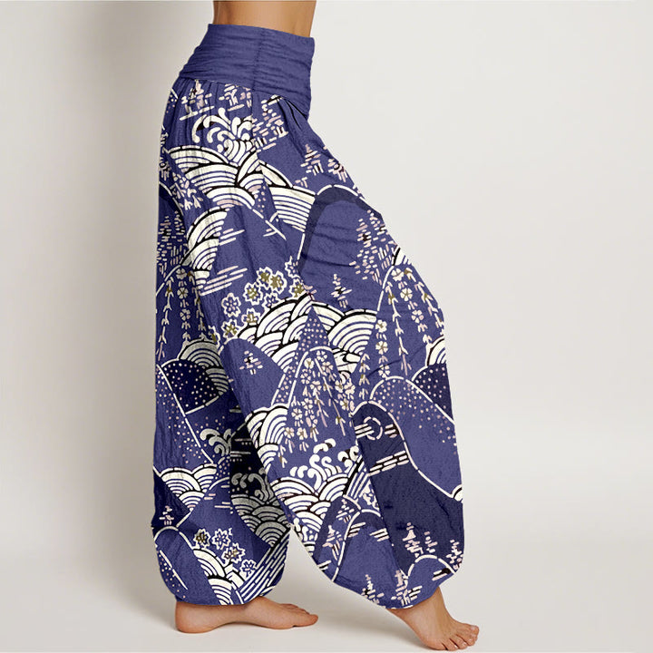 Buddha Stones Printed Mountains Waves Floral Pattern Women's Elastic Waist Harem Pure Cotton Pants - image 6