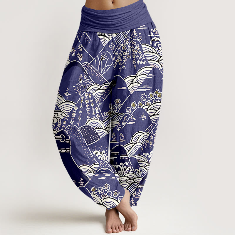 Buddha Stones Printed Mountains Waves Floral Pattern Women's Elastic Waist Harem Pure Cotton Pants - Indigo - US16，UK/AU20，EU48 (3XL) - image 5