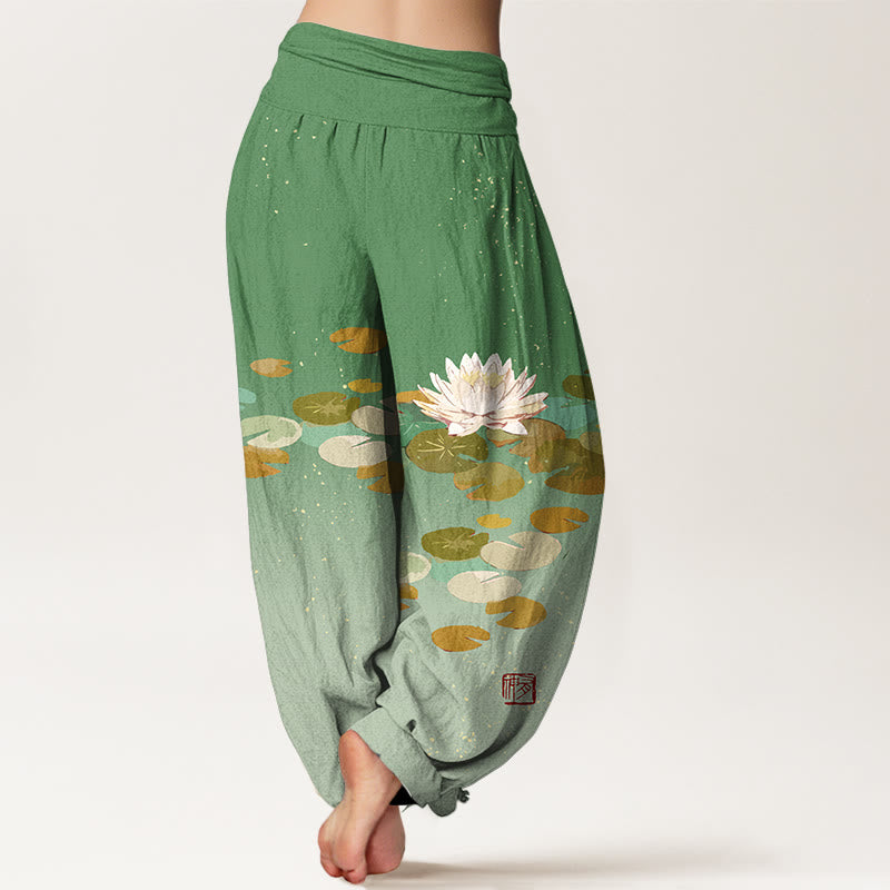 Buddha Stones Printed White Lotus Leaves Pattern Women's Elastic Waist Harem Pure Cotton Pants - image 2