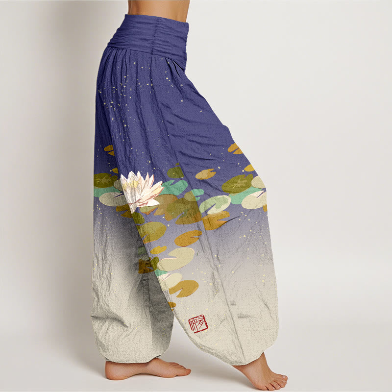 Buddha Stones Printed White Lotus Leaves Pattern Women's Elastic Waist Harem Pure Cotton Pants - image 6