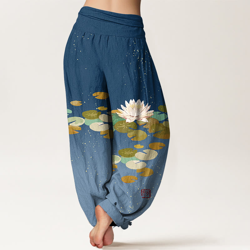 Buddha Stones Printed White Lotus Leaves Pattern Women's Elastic Waist Harem Pure Cotton Pants - image 10