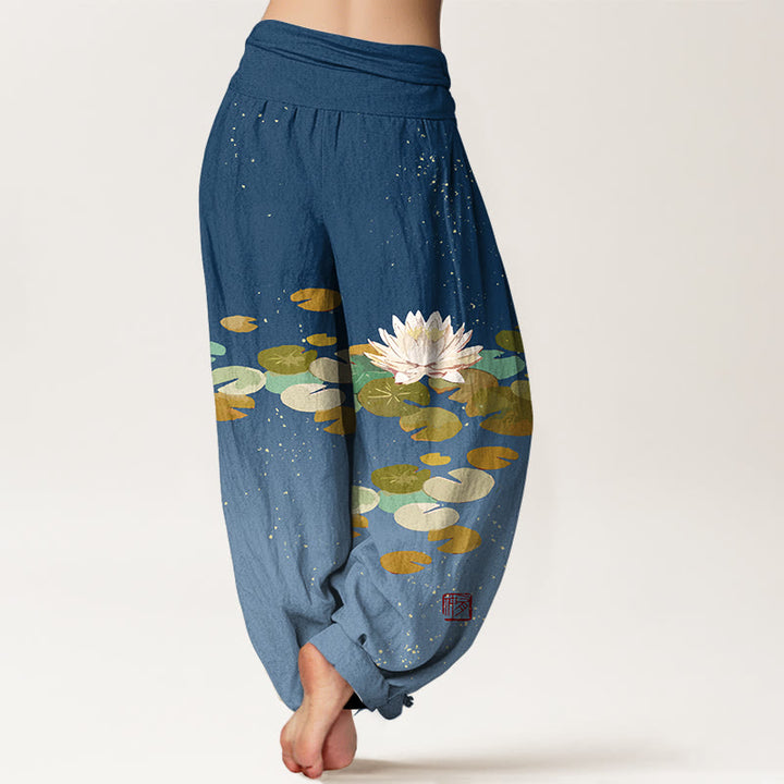 Buddha Stones Printed White Lotus Leaves Pattern Women's Elastic Waist Harem Pure Cotton Pants - image 10