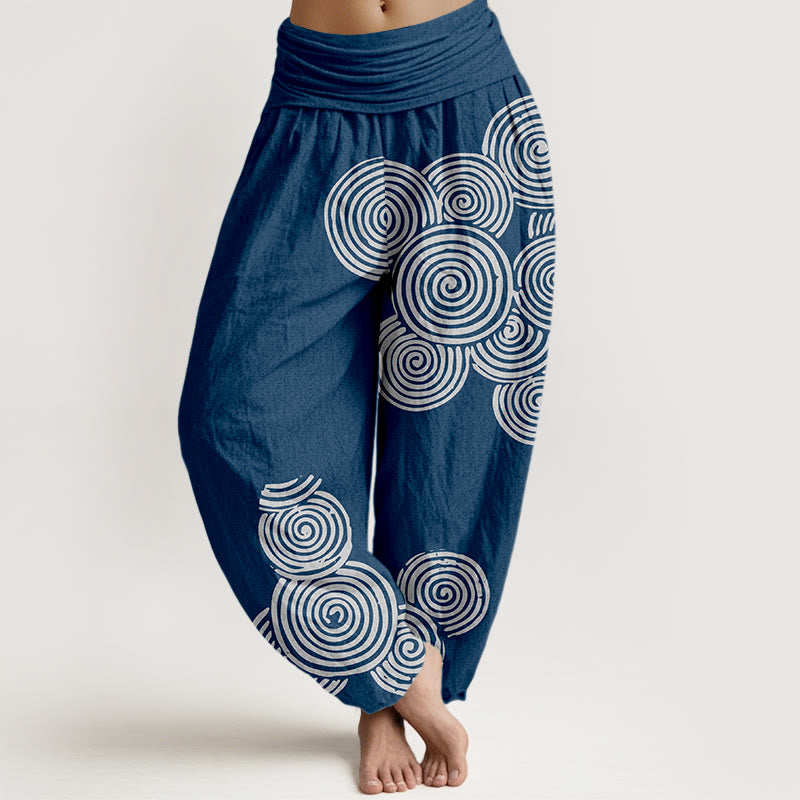 Buddha Stones Printed White Spiral Pattern Women's Elastic Waist Harem Pure Cotton Pants - SteelBlue - US16，UK/AU20，EU48 (3XL) - image 0