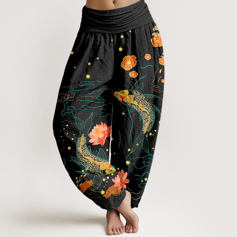 Buddha Stones Koi Fish Lotus Pattern Women's Elastic Waist Harem Pure Cotton Printed Pants - Black - US16，UK/AU20，EU48 (3XL) - image 0