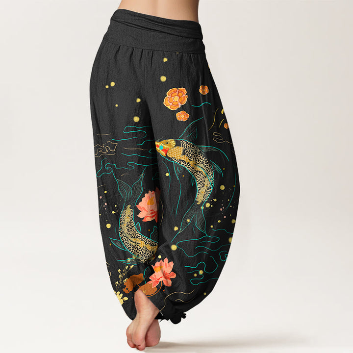 Buddha Stones Koi Fish Lotus Pattern Women's Elastic Waist Harem Pure Cotton Printed Pants - image 2