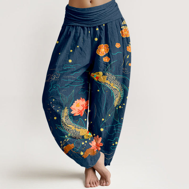 Buddha Stones Koi Fish Lotus Pattern Women's Elastic Waist Harem Pure Cotton Printed Pants - DarkBlue - US16，UK/AU20，EU48 (3XL) - image 5