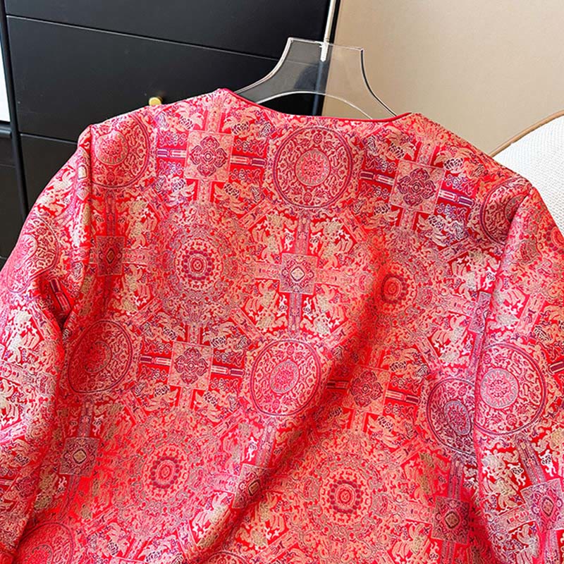 Buddha Stones Women's Jacquard Symmetric Floral Pattern Long Sleeve Cotton Jacket With Pockets - image 4