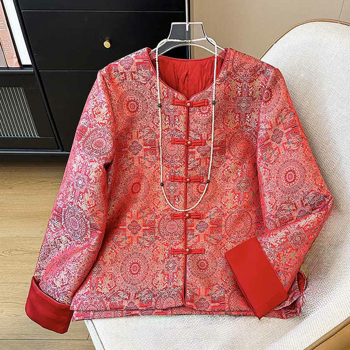 Buddha Stones Women's Jacquard Symmetric Floral Pattern Long Sleeve Cotton Jacket With Pockets - Red - US8-10，UK/AU12-14，EU40-42 (2XL) - image 0