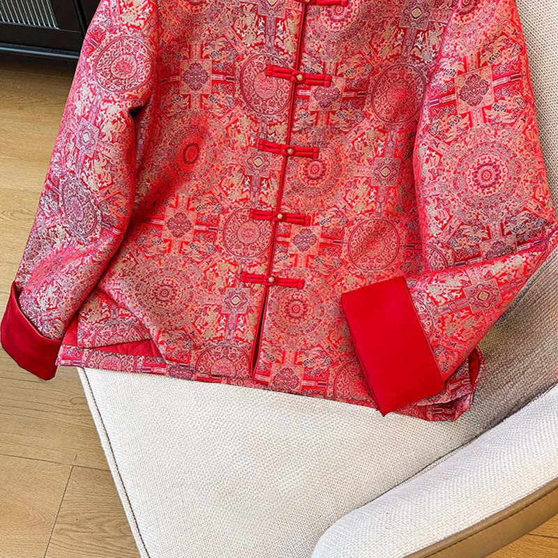 Buddha Stones Women's Jacquard Symmetric Floral Pattern Long Sleeve Cotton Jacket With Pockets - image 8