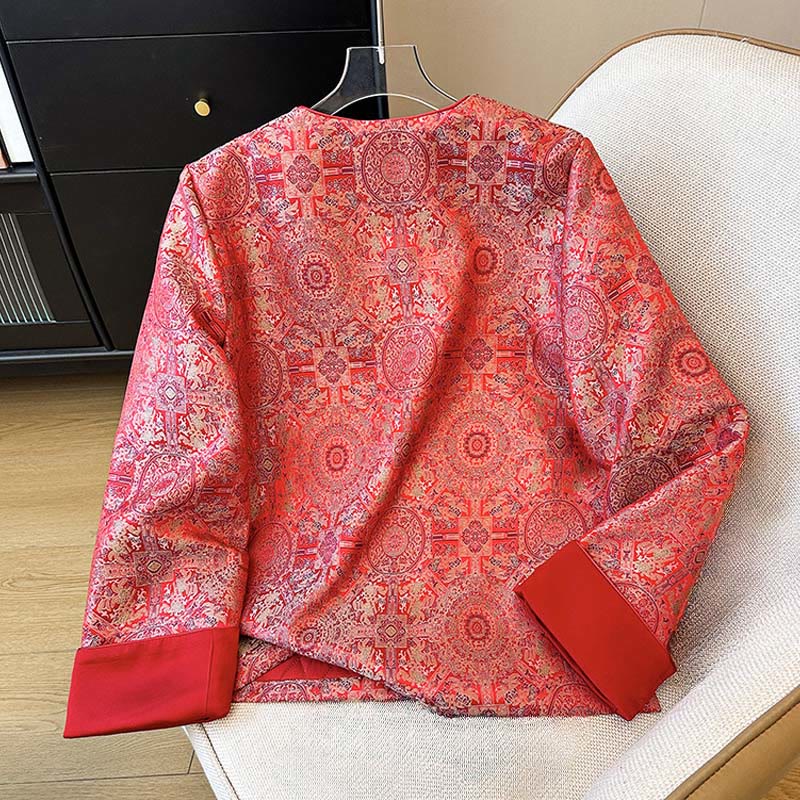 Buddha Stones Women's Jacquard Symmetric Floral Pattern Long Sleeve Cotton Jacket With Pockets - image 2