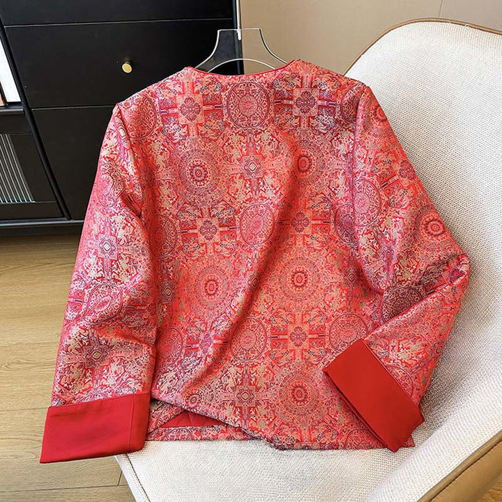 Buddha Stones Women's Jacquard Symmetric Floral Pattern Long Sleeve Cotton Jacket With Pockets - image 2