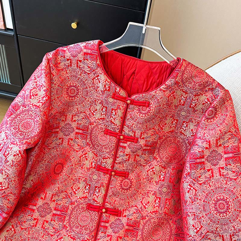 Buddha Stones Women's Jacquard Symmetric Floral Pattern Long Sleeve Cotton Jacket With Pockets - image 3