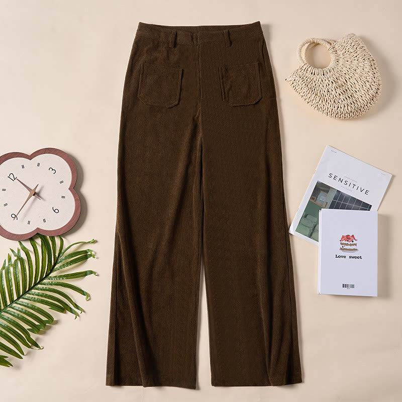 Buddha Stones Plain Corduroy Polyester Women's Buttons Wide Leg Pants With Pockets - image 1