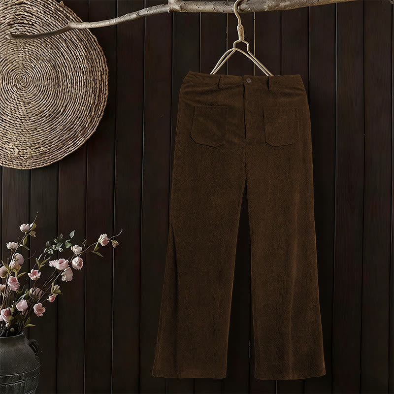 Buddha Stones Plain Corduroy Polyester Women's Buttons Wide Leg Pants With Pockets - image 5