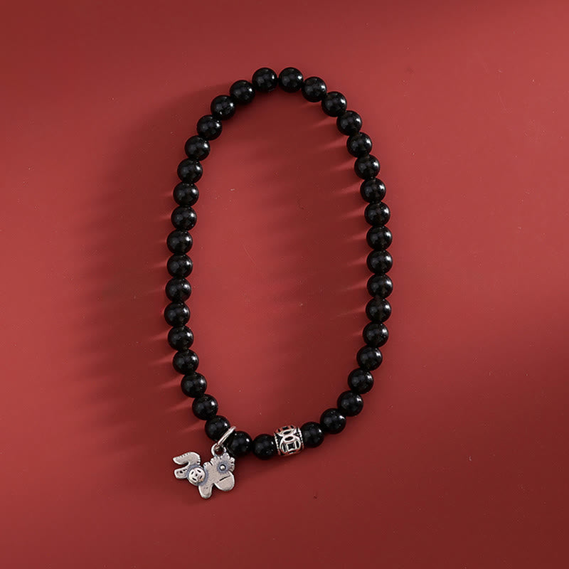 Buddha Stones Year Of The Horse 925 Sterling Silver Natural Black Obsidian Strength Bracelet - image 1