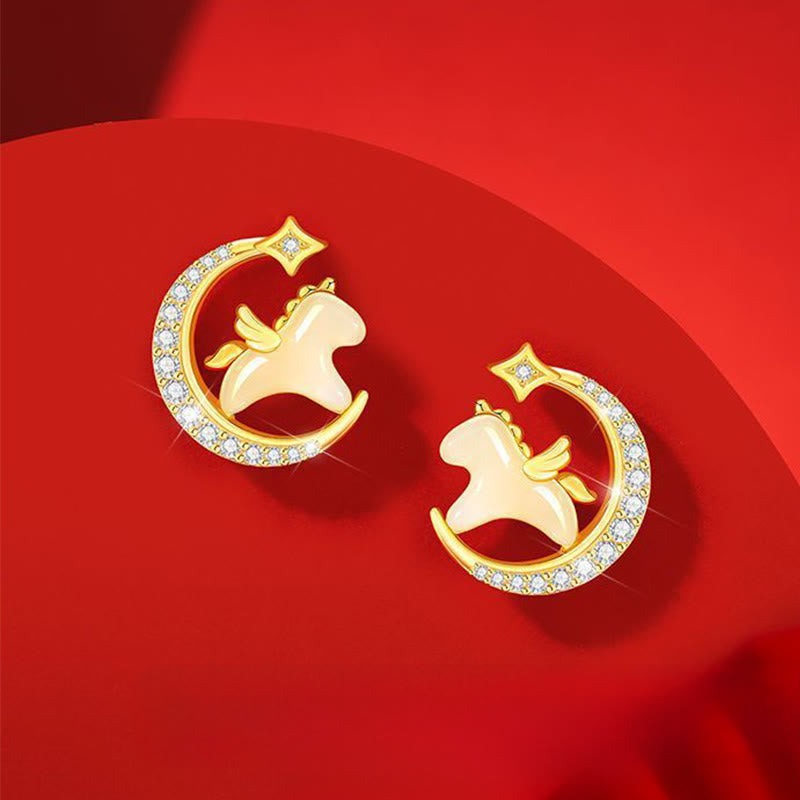 Buddha Stones Year Of The Horse Hetian Jade 925 Sterling Silver Moon Zircon Abundance Earrings - Jade & 925 Sterling Silver & Zircon(925 Sterling Silver Posts) - image 0