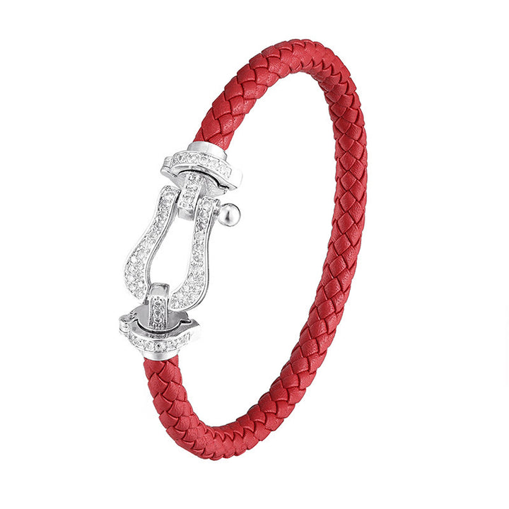 Buddha Stones Copper Balance horseshoe-Shaped Zircon Leather Buckle Bracelet - White Buckle & Red Leather - 23cm - image 6
