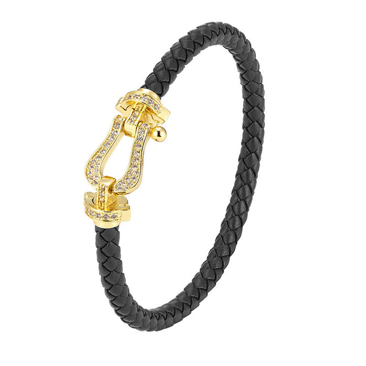 Buddha Stones Copper Balance horseshoe-Shaped Zircon Leather Buckle Bracelet - Golden Buckle & Black Leather - 23cm - image 7