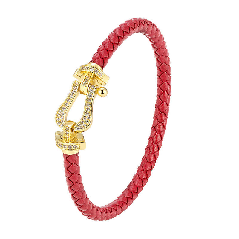 Buddha Stones Copper Balance horseshoe-Shaped Zircon Leather Buckle Bracelet - image 3