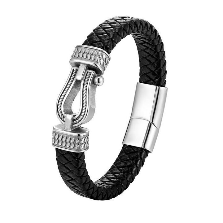 Buddha Stones Leather horseshoe-Shaped Titanium Steel Balance Braided Magnetic Buckle Bracelet - image 1