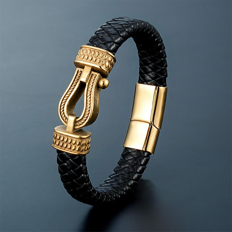 Buddha Stones Leather horseshoe-Shaped Titanium Steel Balance Braided Magnetic Buckle Bracelet - Golden & Titanium Steel - 23cm - image 4