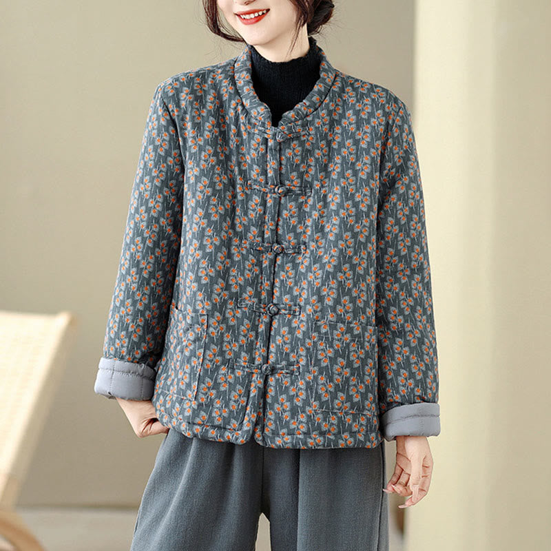 Buddha Stones Winter Frog-button Floral Long Sleeve Women's Thickened Cotton Jacket With Pockets - image 1