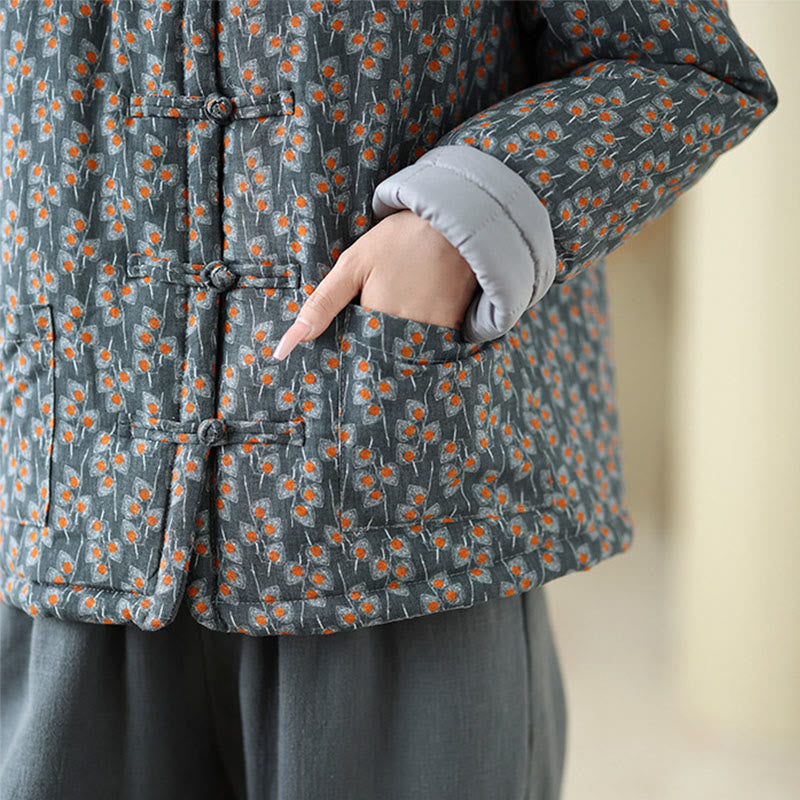 Buddha Stones Winter Frog-button Floral Long Sleeve Women's Thickened Cotton Jacket With Pockets - image 8