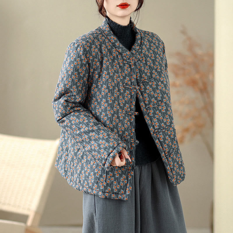 Buddha Stones Winter Frog-button Floral Long Sleeve Women's Thickened Cotton Jacket With Pockets - image 4