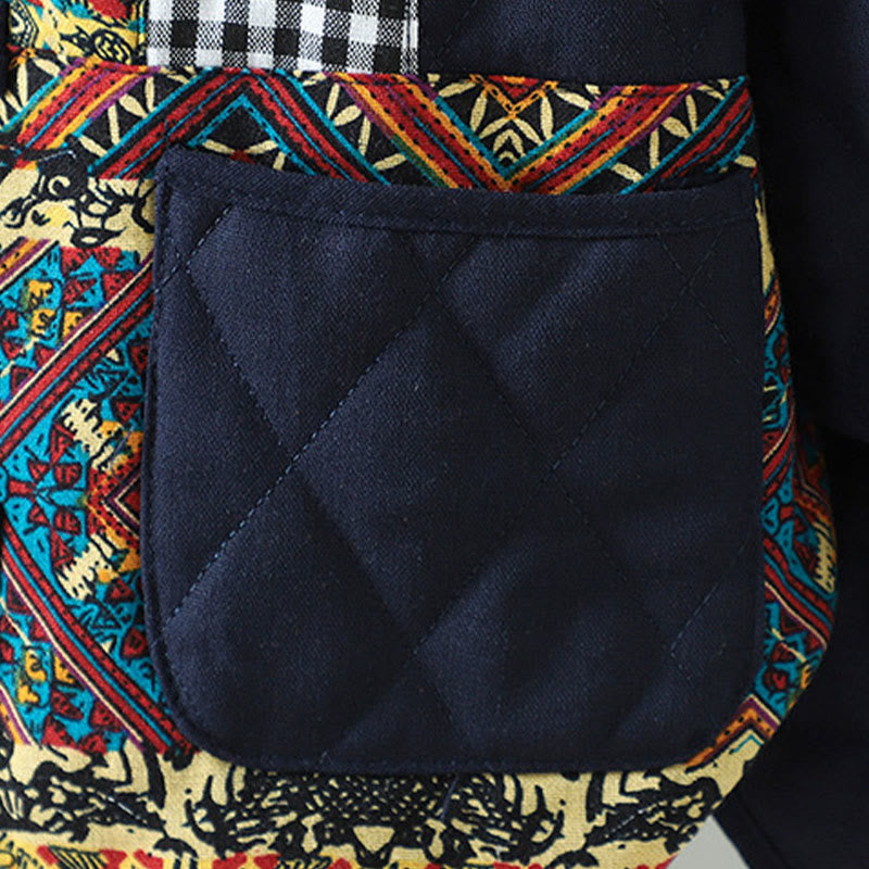 Buddha Stones Ethnic Frog-button Patchwork Women's Thickened Cotton Long Sleeve Jacket With Pockets - image 11