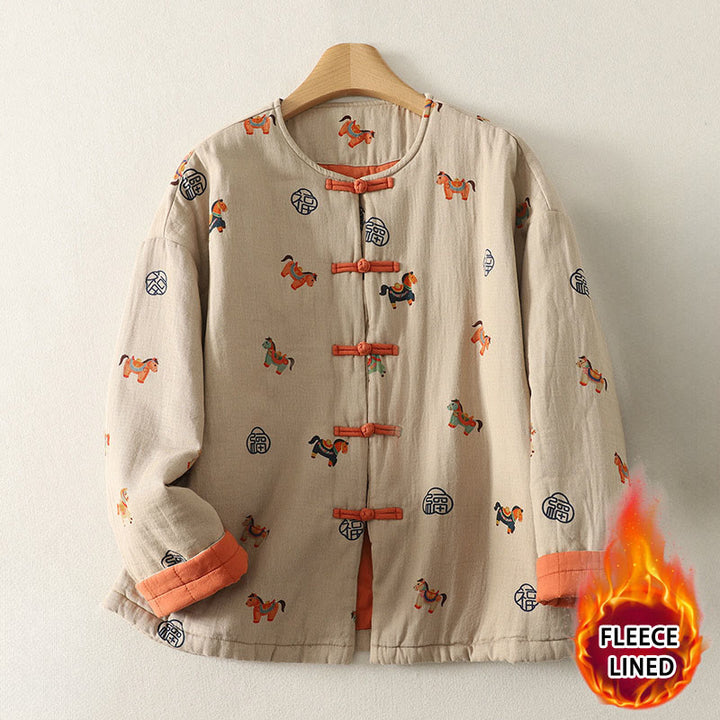 Buddha Stones Horse Fu Character Pattern Frog-Button Design Women's Cotton Long Sleeve Thickened Jacket - image 2