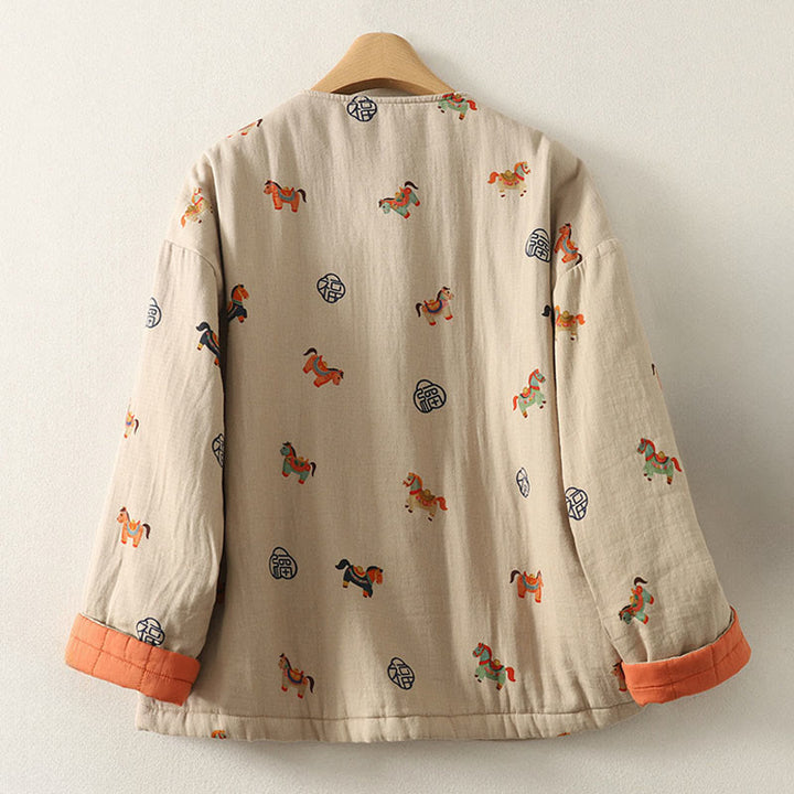 Buddha Stones Horse Fu Character Pattern Frog-Button Design Women's Cotton Long Sleeve Thickened Jacket - image 3