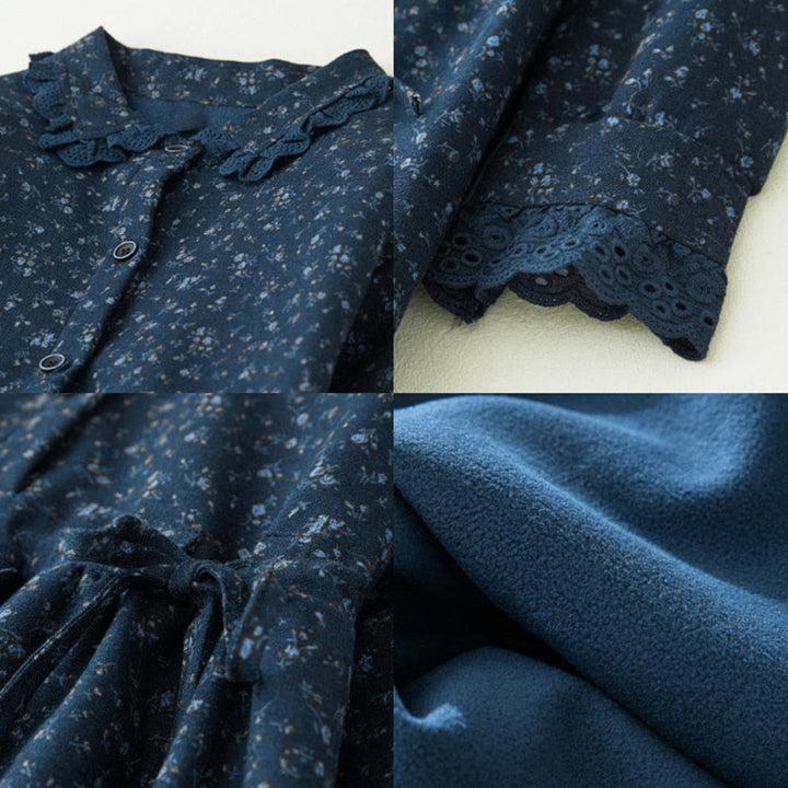 Buddha Stones Floral Pattern Lace Patchwork Design Long Sleeve Corduroy Midi Dress With Pockets - image 11