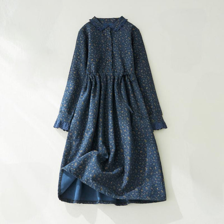 Buddha Stones Floral Pattern Lace Patchwork Design Long Sleeve Corduroy Midi Dress With Pockets - DarkBlue - US8-10，UK/AU12-14，EU40-42 (2XL) - image 8