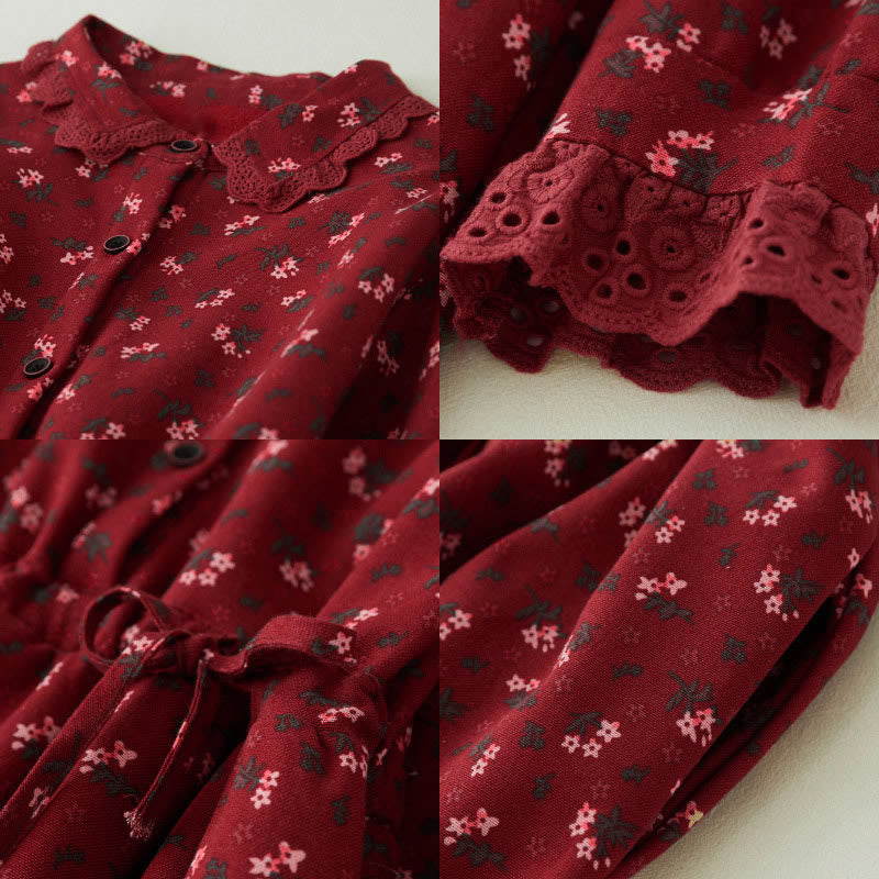 Buddha Stones Floral Pattern Lace Patchwork Design Long Sleeve Corduroy Midi Dress With Pockets - image 7