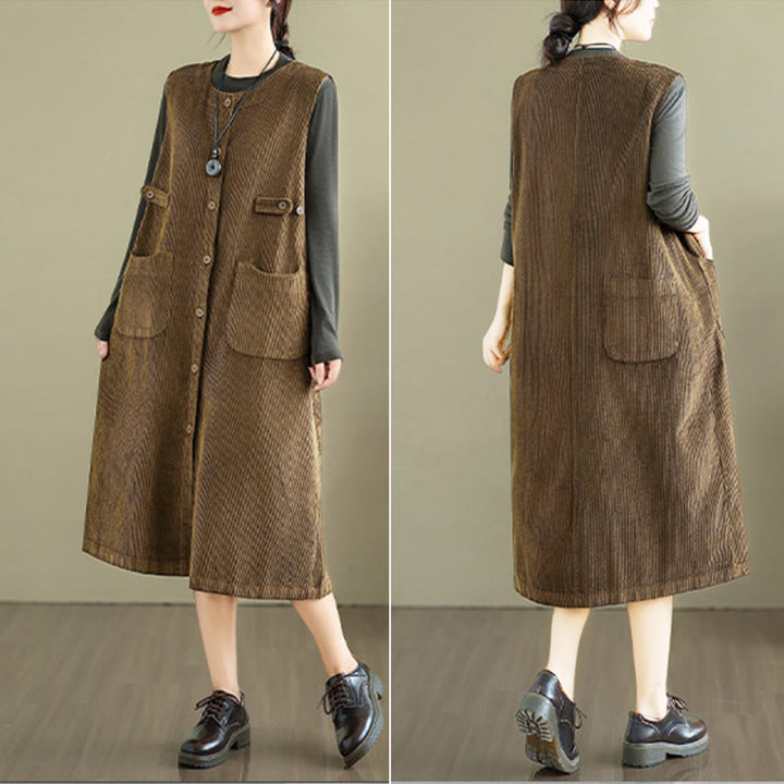 Buddha Stones Pure Colo Buttons Sleeveless Midi Dress With Pockets - image 5