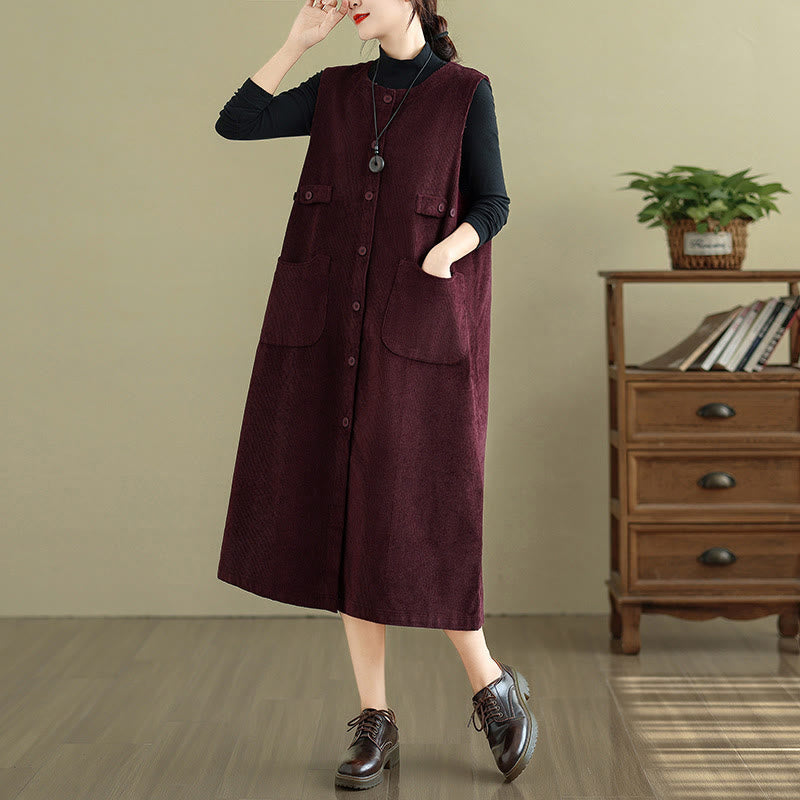 Buddha Stones Pure Colo Buttons Sleeveless Midi Dress With Pockets - DarkRed - US8-10，UK/AU12-14，EU40-42 (2XL) - image 14