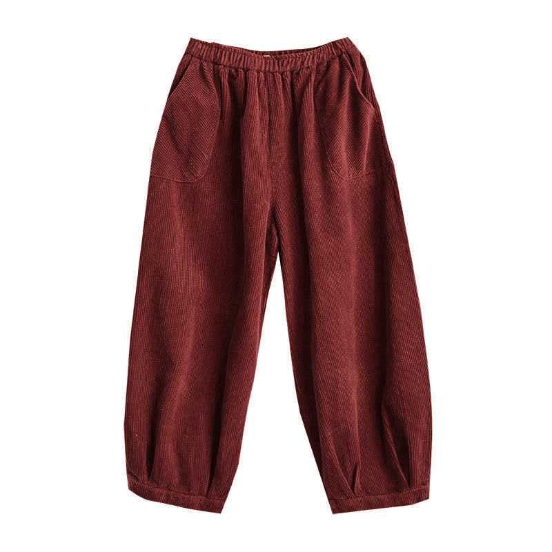 Buddha Stones Plain Elastic Waistband Design Women's Corduroy Harem Pants With Pockets - image 21