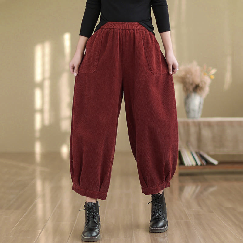 Buddha Stones Plain Elastic Waistband Design Women's Corduroy Harem Pants With Pockets - image 14