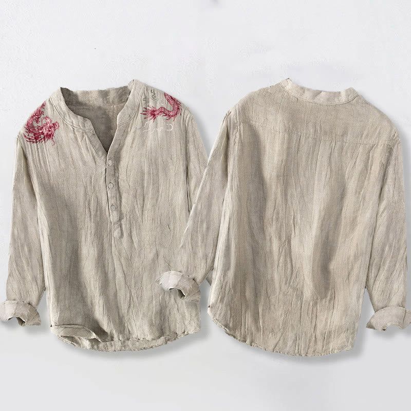 Buddha Stones Red Dragon Pattern Half Buttons Men's Cotton Linen Long Sleeve Shirt - image 8