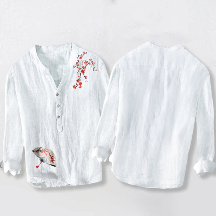 Buddha Stones Plum Blossoms Folding Fan Pattern Half Buttons Men's Cotton Linen Long Sleeve Shirt - image 8
