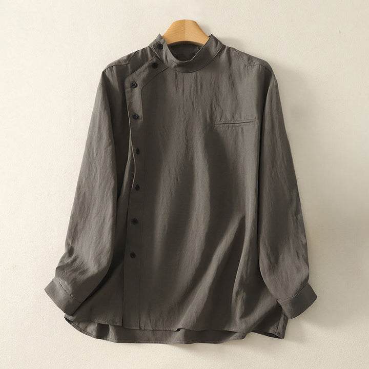 Buddha Stones Fall Stand Collar Chinese Frog-Button Simple Design Long Sleeve Women's Cotton Shirt - DimGray - US8-10，UK/AU12-14，EU40-42 (2XL) - image 0
